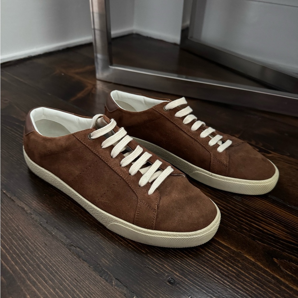 Saint Laurent Brown and White Suede Sneakers